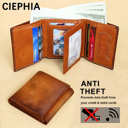Retro Mens Wallet RFID Anti Theft Brush Short Style Three Fold Design Large Capacity With Photo Slo 1