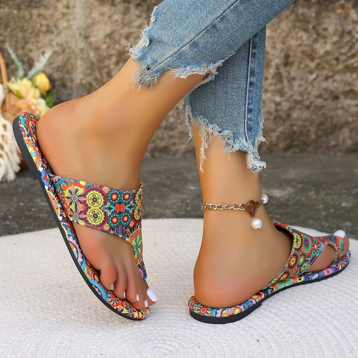 Womens Slippers With Bohemian Flower Pattern Lightweight Casual Sandals For Home Or Outdoor Use 4