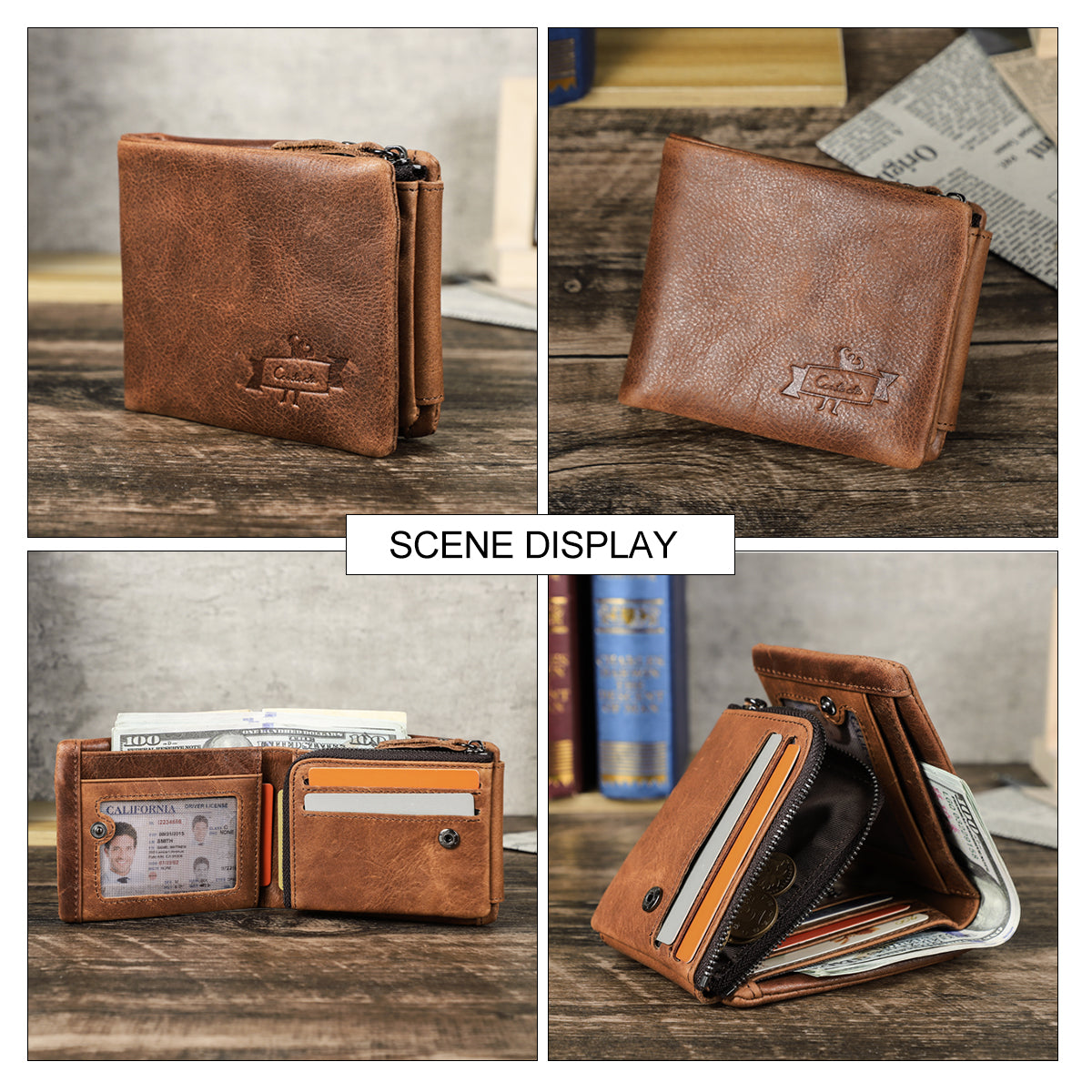 Vintage Trifold CONTACTS Crazy Horse Leather Men Wallet Zip Coin Pocket Cowhide Leather Purse For M 3