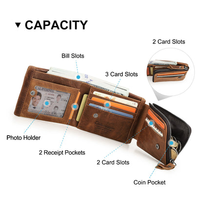 Vintage Trifold CONTACTS Crazy Horse Leather Men Wallet Zip Coin Pocket Cowhide Leather Purse For M 4