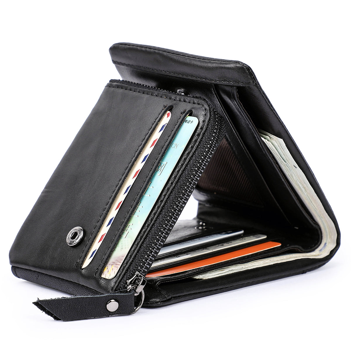 Vintage Trifold CONTACTS Crazy Horse Leather Men Wallet Zip Coin Pocket Cowhide Leather Purse For M 6
