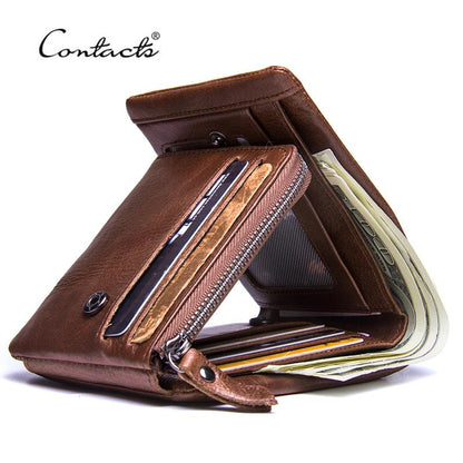 Vintage Trifold CONTACTS Crazy Horse Leather Men Wallet Zip Coin Pocket Cowhide Leather Purse For M 7