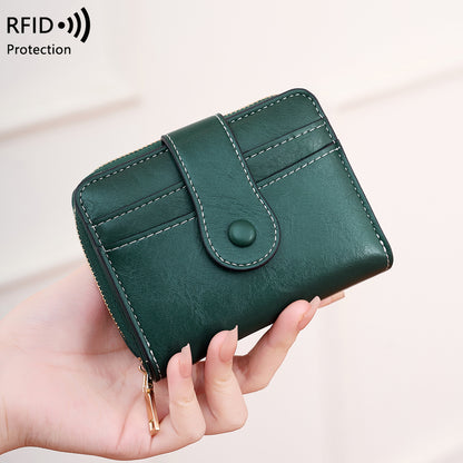 Women RFID Blocking Wallet, Zipper Buckle Multi-Card Holder, Retro Short Coin Purse, Compact Functional Design