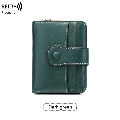 Women RFID Blocking Wallet, Zipper Buckle Multi-Card Holder, Retro Short Coin Purse, Compact Functional Design