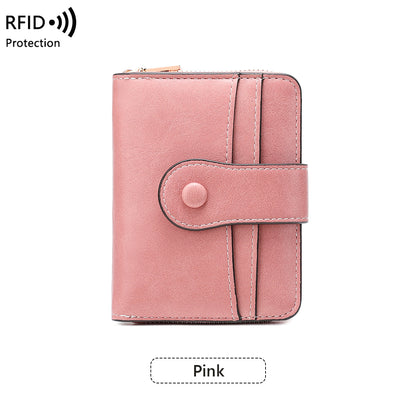 Women RFID Blocking Wallet, Zipper Buckle Multi-Card Holder, Retro Short Coin Purse, Compact Functional Design