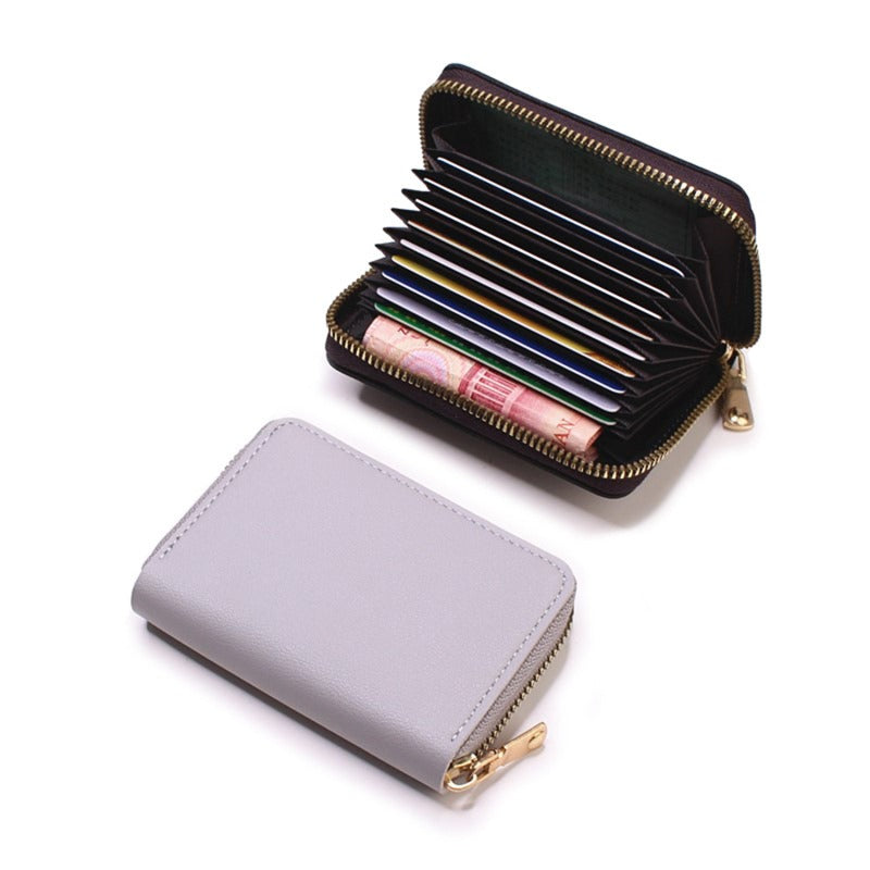 PU Leather Business Card Holder Wallet, Gray Credit Card Case for Men Women, 9 Slot ID Organizer Coin Purse