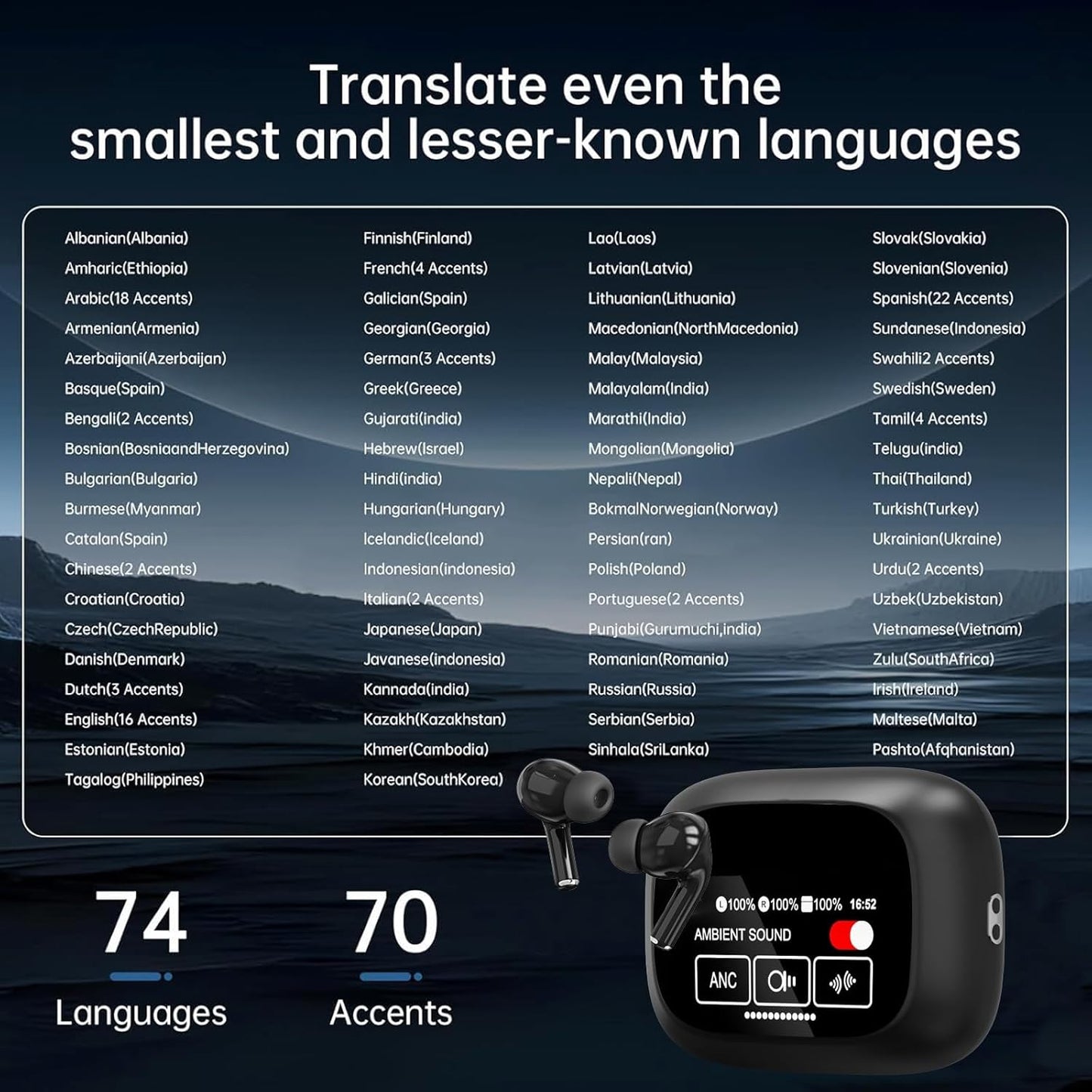 AI Translator Earbuds 144 Languages, Offline Hebrew Translation Device, Real-Time Earphones for Travel and Learning