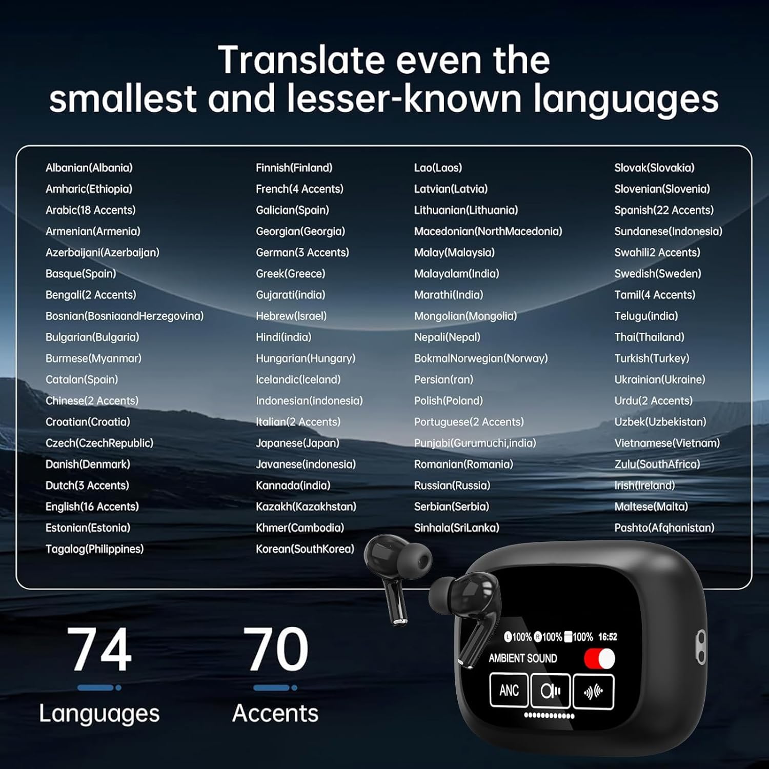 AI Translator Earbuds 144 Languages, Offline Hebrew Translation Device, Real-Time Earphones for Travel and Learning