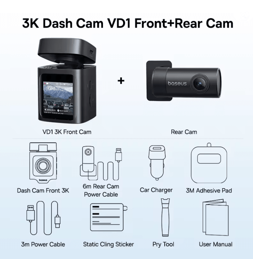 Baseus VD1 3K Dual Dash Cam Front And Rear With GPS And Supercapacitor 6