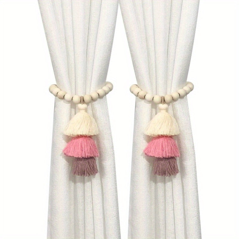 2pcs Bohemian Farmhouse Curtain Ties, Handmade Wooden Bead Curtain Holdbacks for Bedroom, Living Room & Home Decor