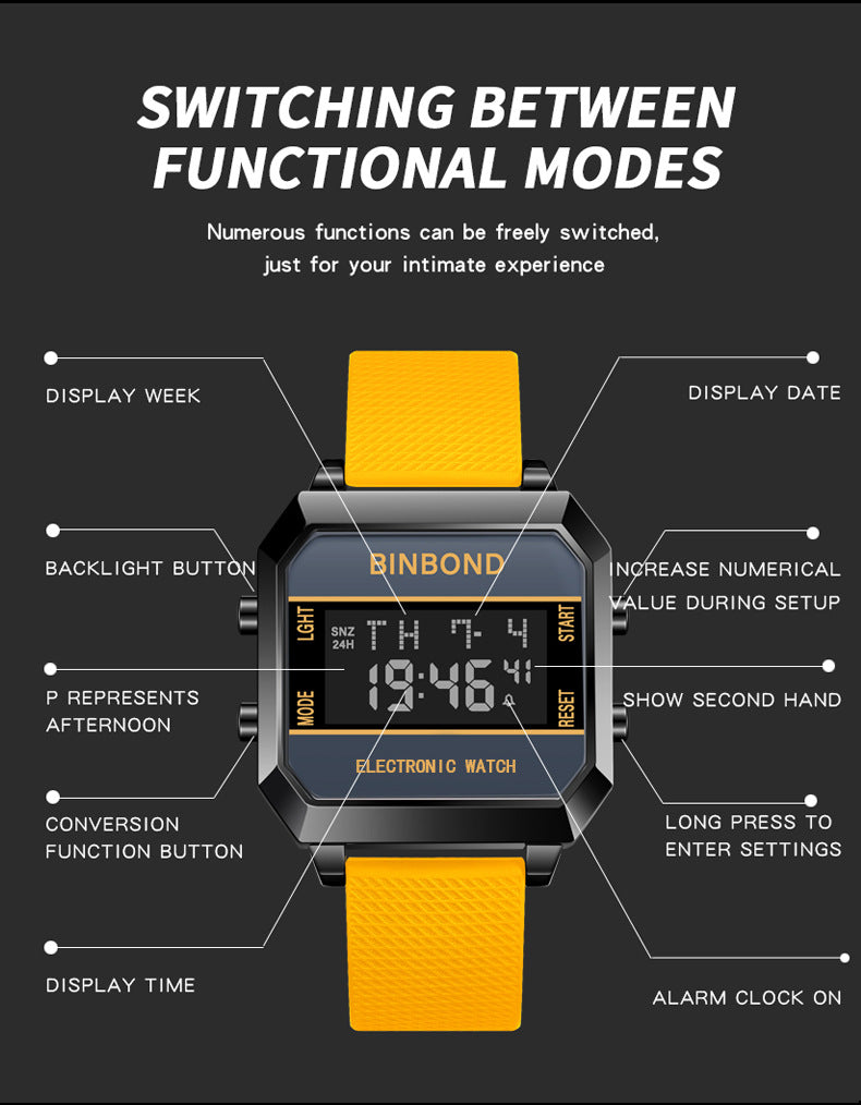 Multifunctional Mens Watch Business Sports, Fashion Electronic Wristwatch, Waterproof Silicone Strap Alarm Clock