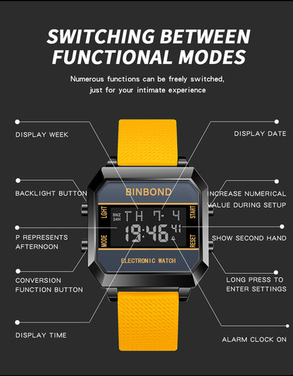 Multifunctional Mens Watch Business Sports, Fashion Electronic Wristwatch, Waterproof Silicone Strap Alarm Clock