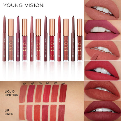 Color Matte Long Lasting Color Lip Liner Set Waterproof, Anti Sweat Non Stick Cup, Rotatable Liner Ultra Smudge Proof