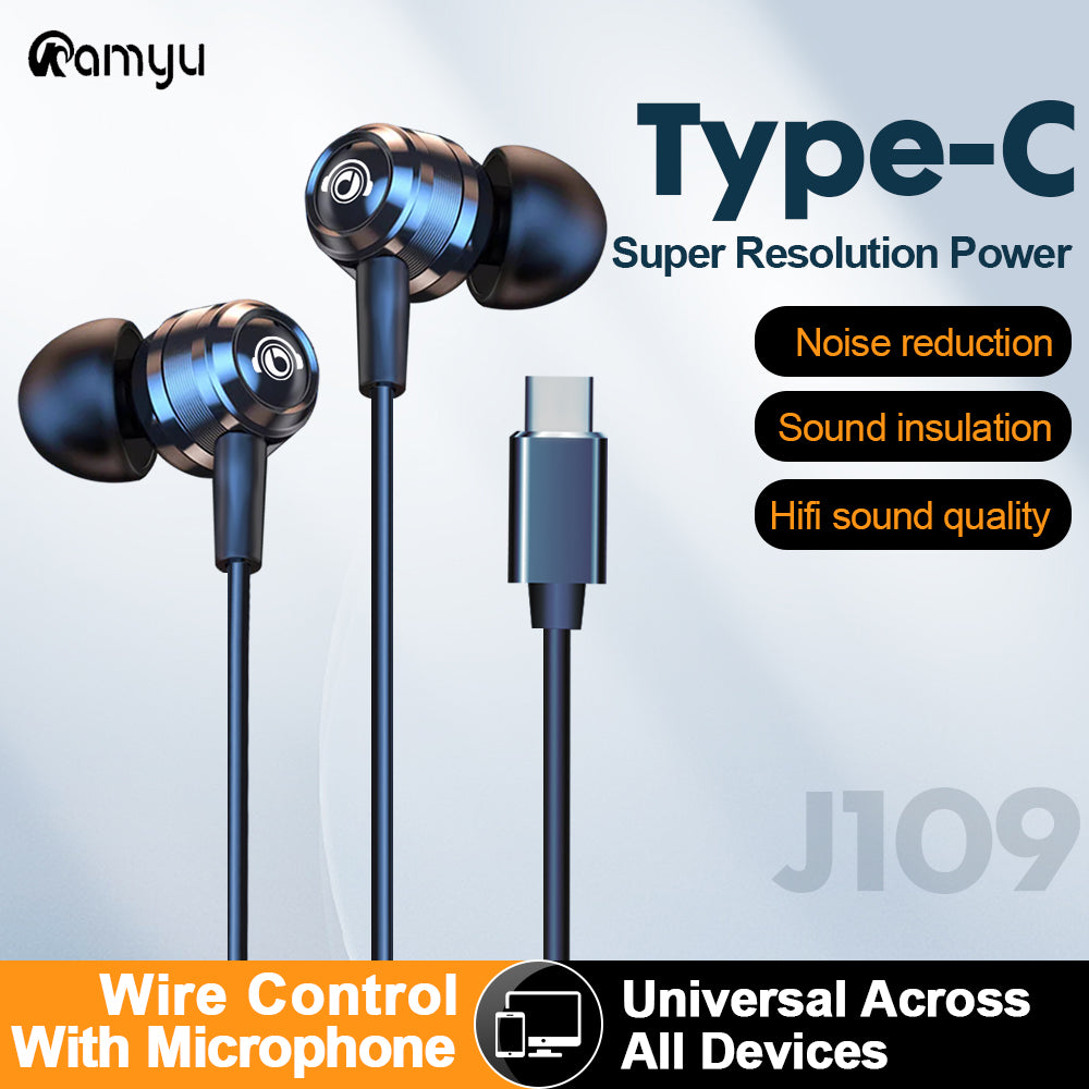 HiFi Stereo Wired Earbuds with Type-C and 3.5mm, In Ear Headphones, Mic, Metal Build for Superior Sound
