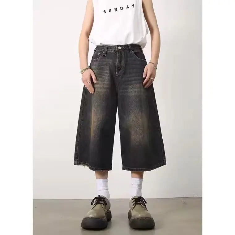 Vintage Mens Denim Shorts, Loose Fit Wide Leg American Style Jeans for Summer, Straight Leg Sensibility Design