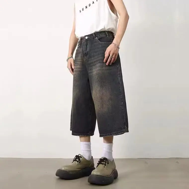 Vintage Mens Denim Shorts, Loose Fit Wide Leg American Style Jeans for Summer, Straight Leg Sensibility Design