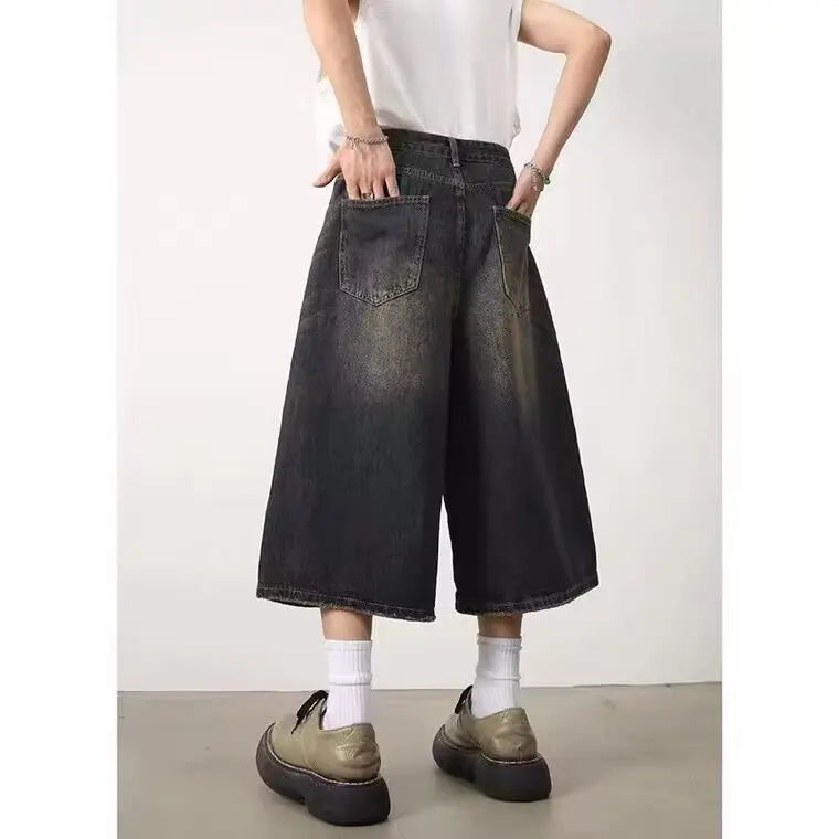 Vintage Mens Denim Shorts, Loose Fit Wide Leg American Style Jeans for Summer, Straight Leg Sensibility Design