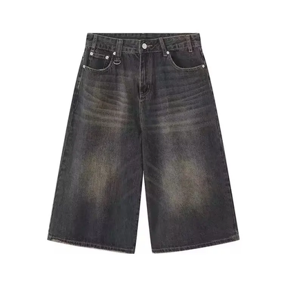 Vintage Mens Denim Shorts, Loose Fit Wide Leg American Style Jeans for Summer, Straight Leg Sensibility Design