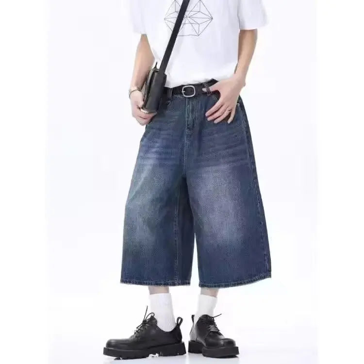 Vintage Mens Denim Shorts, Loose Fit Wide Leg American Style Jeans for Summer, Straight Leg Sensibility Design