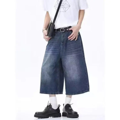 Vintage Mens Denim Shorts, Loose Fit Wide Leg American Style Jeans for Summer, Straight Leg Sensibility Design