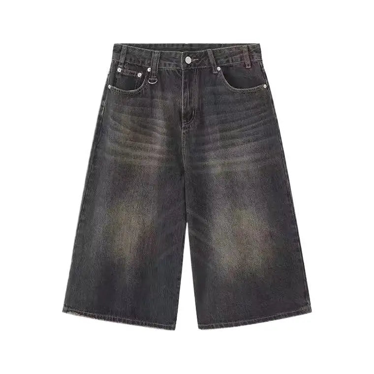 Vintage Mens Denim Shorts, Loose Fit Wide Leg American Style Jeans for Summer, Straight Leg Sensibility Design