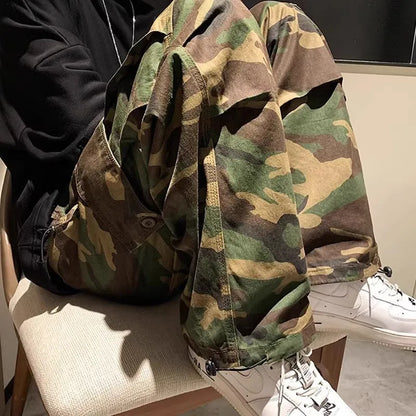 Trendy Vintage Camouflage Cargo Pants for Men, Loose-Fit Straight-Leg High Street Hip-Hop Style Wide-Leg Trouser