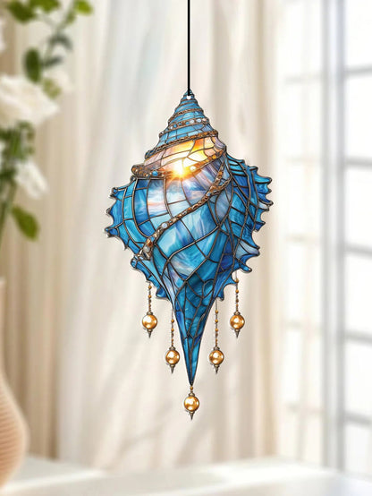 Blue Acrylic Conch Shell Window Suncatcher, Coastal Beach House Hanging Ornament, Garden Pendant, Home Decor Accent