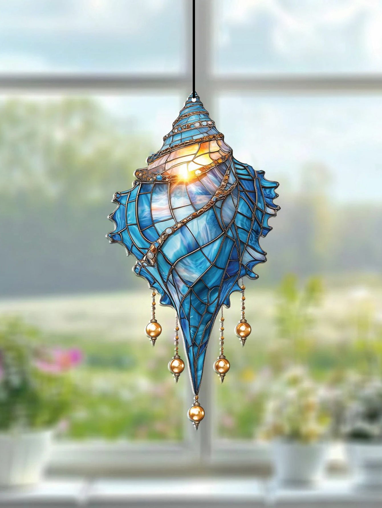 Blue Acrylic Conch Shell Window Suncatcher, Coastal Beach House Hanging Ornament, Garden Pendant, Home Decor Accent