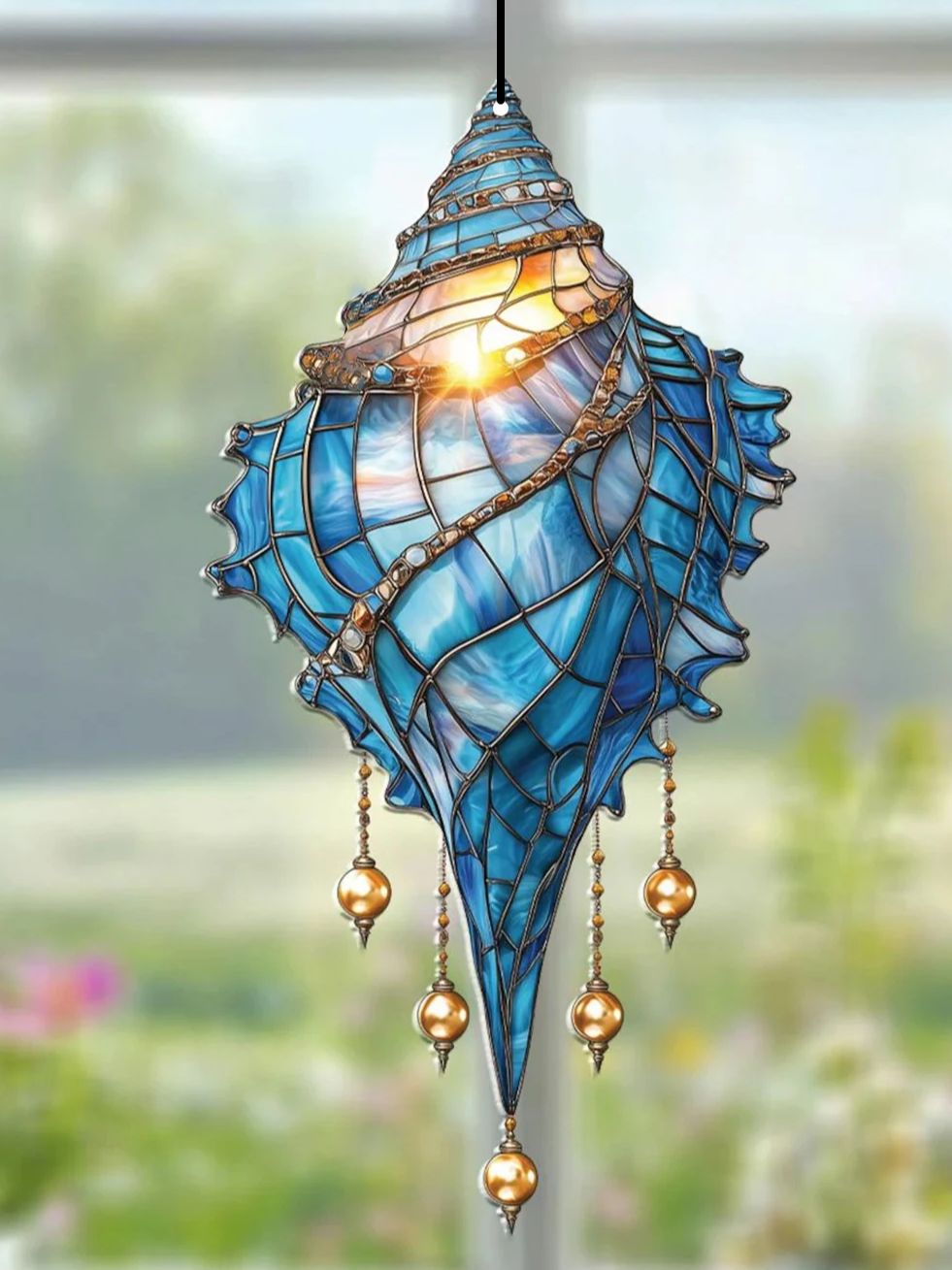 Blue Acrylic Conch Shell Window Suncatcher, Coastal Beach House Hanging Ornament, Garden Pendant, Home Decor Accent