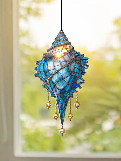 Blue Acrylic Conch Shell Window Suncatcher, Coastal Beach House Hanging Ornament, Garden Pendant, Home Decor Accent