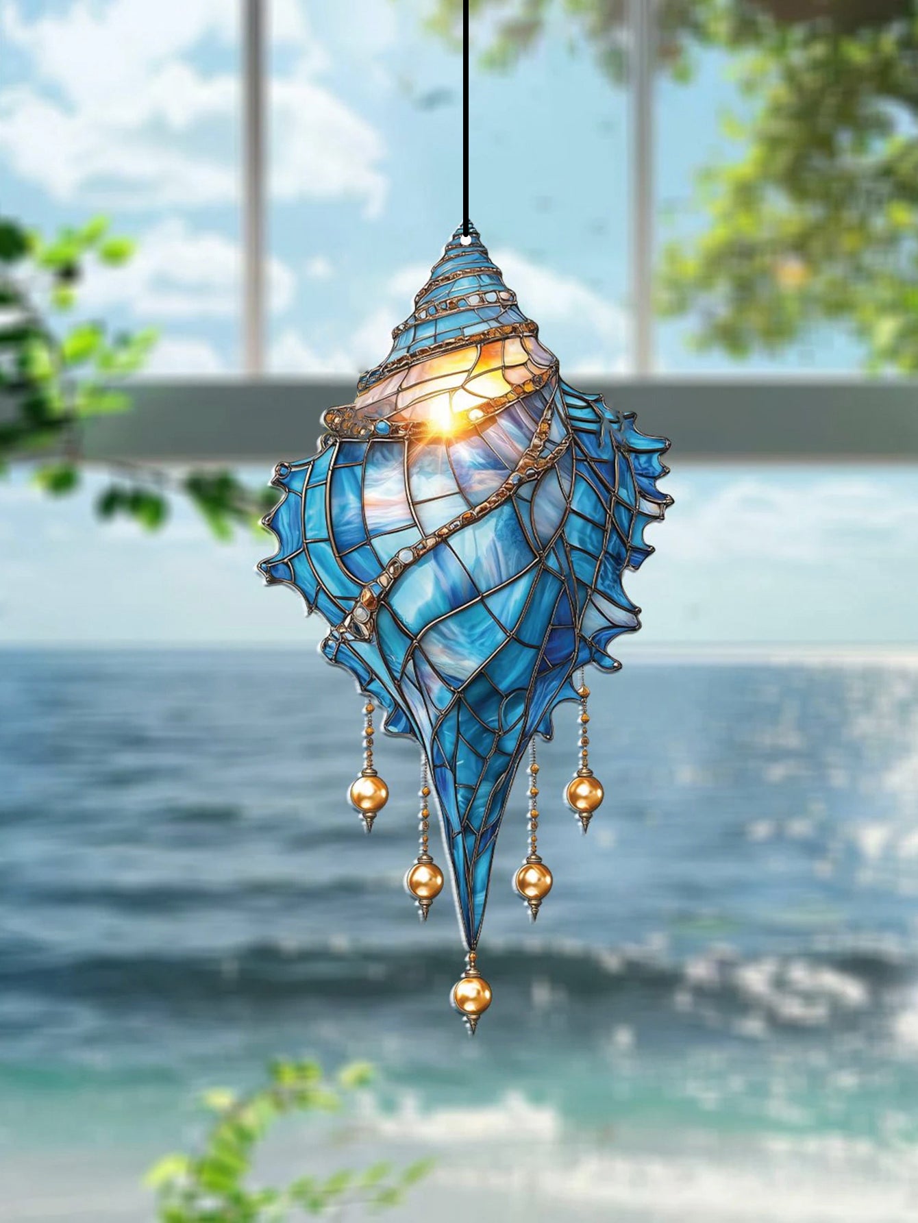 Blue Acrylic Conch Shell Window Suncatcher, Coastal Beach House Hanging Ornament, Garden Pendant, Home Decor Accent