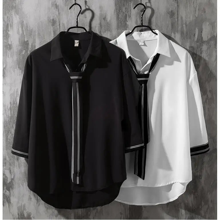 Spring Autumn Popular INS Short Sleeves Japanese Style Casual Shirt Mens Loose-Fit White Collar Button-Up Top for Summer