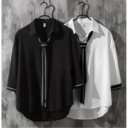 Spring Autumn Popular INS Short Sleeves Japanese Style Casual Shirt Mens Loose-Fit White Collar Button-Up Top for Summer