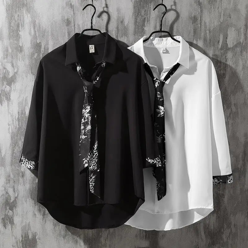 Spring Autumn Popular INS Short Sleeves Japanese Style Casual Shirt Mens Loose-Fit White Collar Button-Up Top for Summer