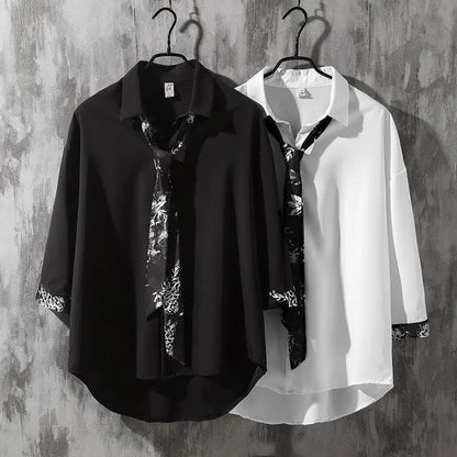 Spring Autumn Popular INS Short Sleeves Japanese Style Casual Shirt Mens Loose-Fit White Collar Button-Up Top for Summer