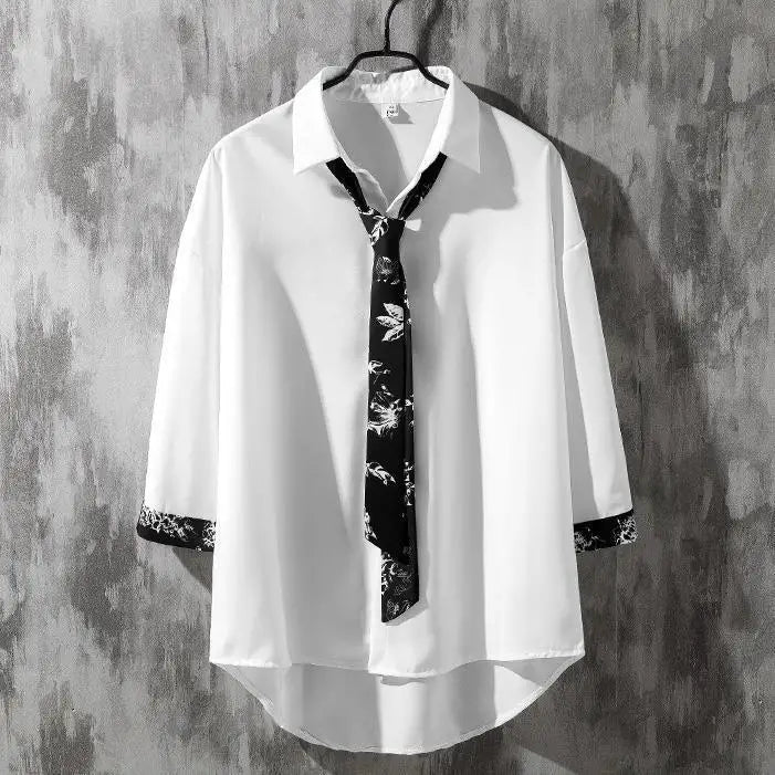 Spring Autumn Popular INS Short Sleeves Japanese Style Casual Shirt Mens Loose-Fit White Collar Button-Up Top for Summer