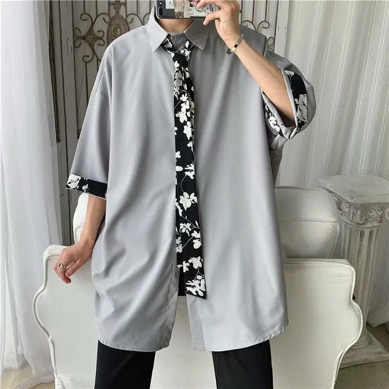 Spring Autumn Popular INS Short Sleeves Japanese Style Casual Shirt Mens Loose-Fit White Collar Button-Up Top for Summer