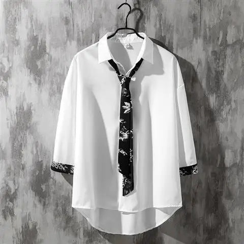 Spring Autumn Popular INS Short Sleeves Japanese Style Casual Shirt Mens Loose-Fit White Collar Button-Up Top for Summer