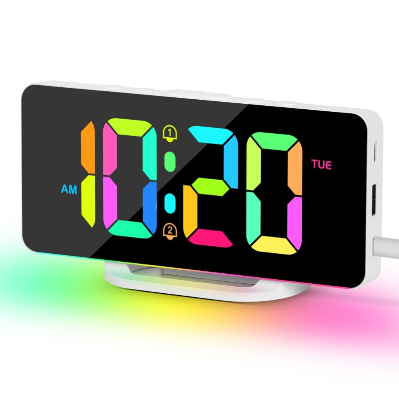 RGB Digital Alarm Clock, 2 Alarm Night Mode Table Clock, USB Output, RGB Mood Light, LED Clock 12 24H with Snooze