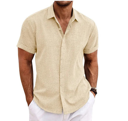 Premium Cotton Linen Mens Cardigan Shirt, Double Placket Short Sleeves Lapel Shirt for Summer, Home Cross-Border Style