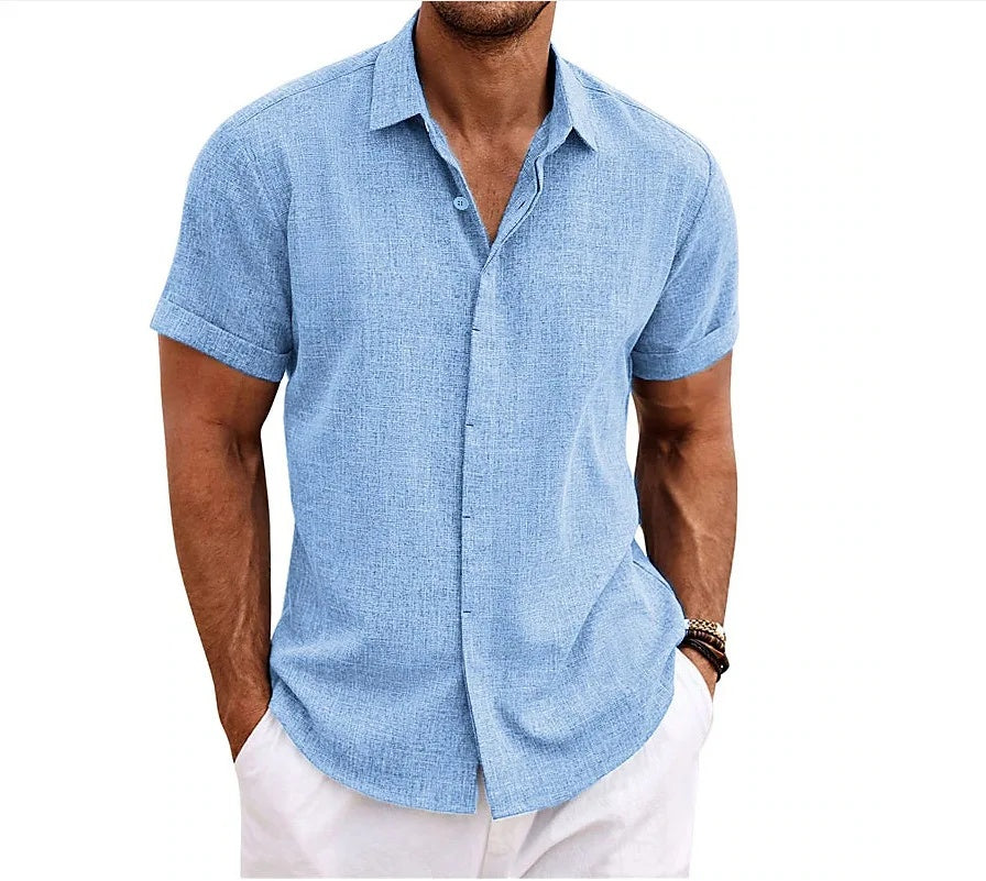 Premium Cotton Linen Mens Cardigan Shirt, Double Placket Short Sleeves Lapel Shirt for Summer, Home Cross-Border Style