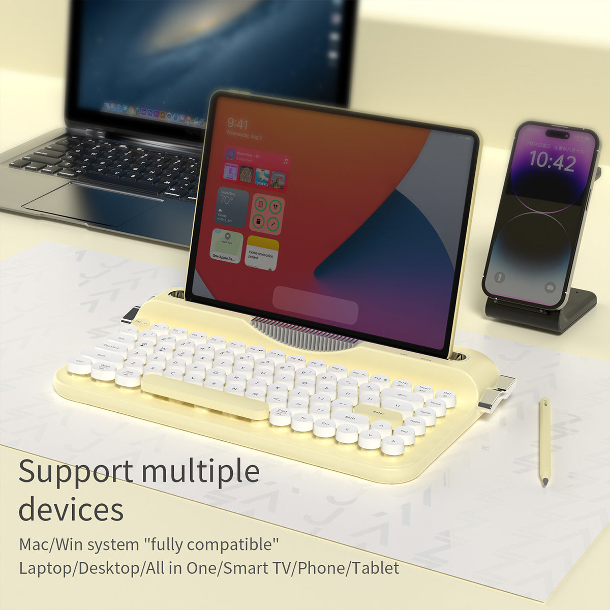 Wireless Keyboard, Retro Typewriter Style, Bluetooth 82-Key with Integrated Stand for iPad