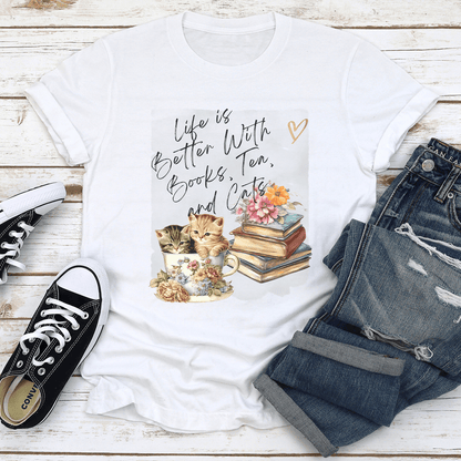 Life Is Better With Books Tea And Cats Tee 2