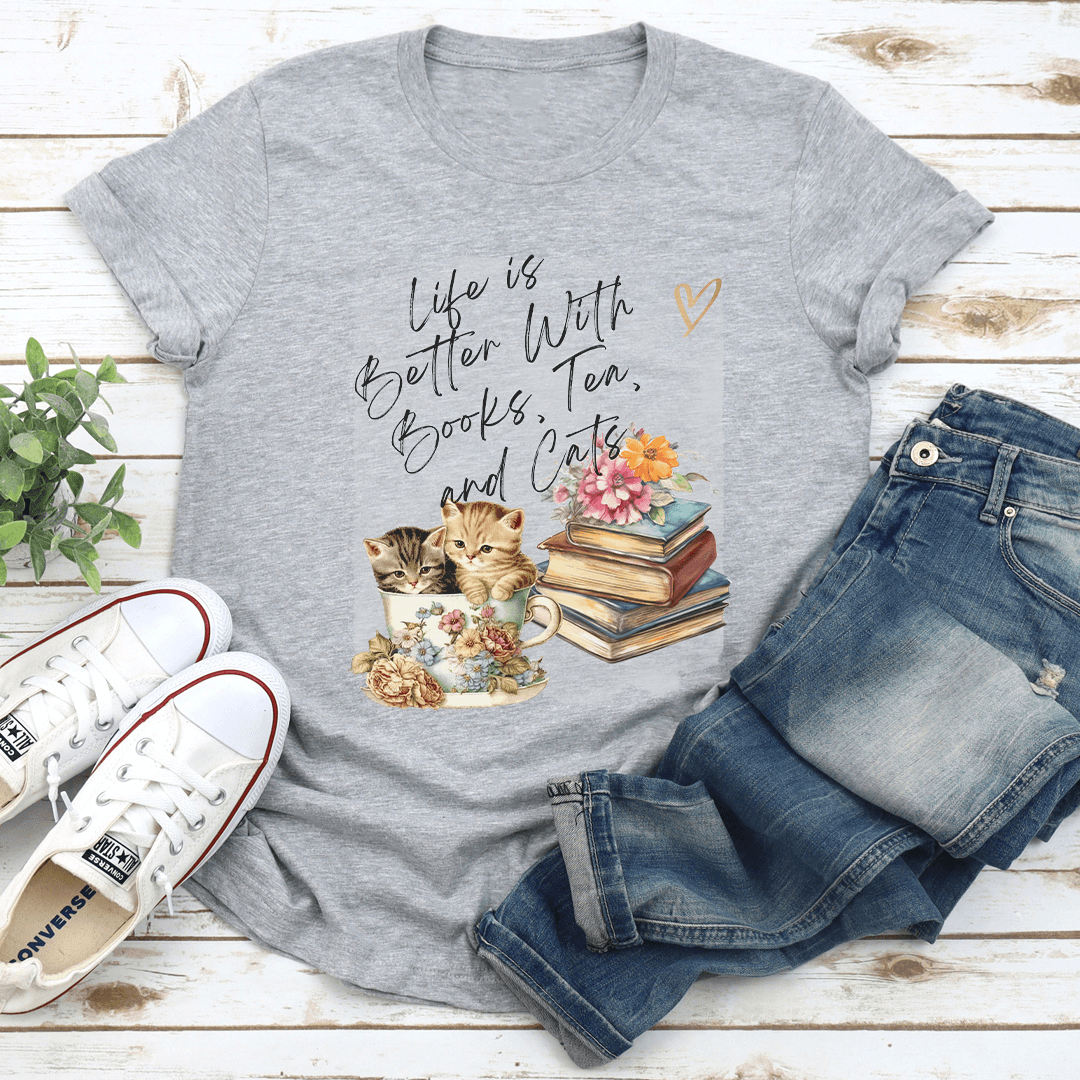 Life Is Better With Books Tea And Cats Tee 3