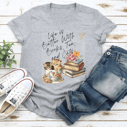 Life Is Better With Books Tea And Cats Tee 3