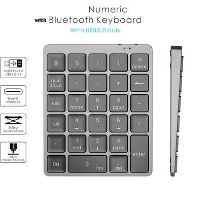 Aluminum Alloy Wireless Keyboard USB HUB with 28 Number Keys, USB Charging Dock, Cable Splitter, USB Disk Reader