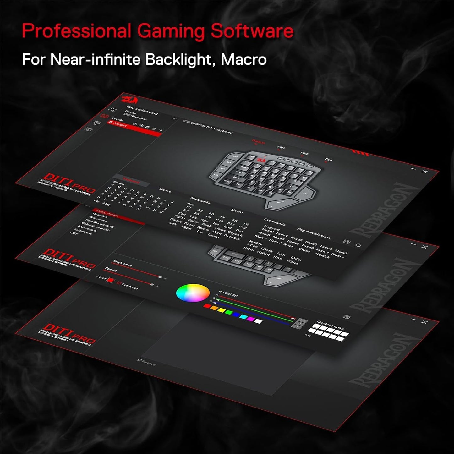 Redragon K585 PRO One Handed Wireless Gaming Keyboard, 42 Keys, 3 Mode RGB, 7 Macro Keys, Wrist Support
