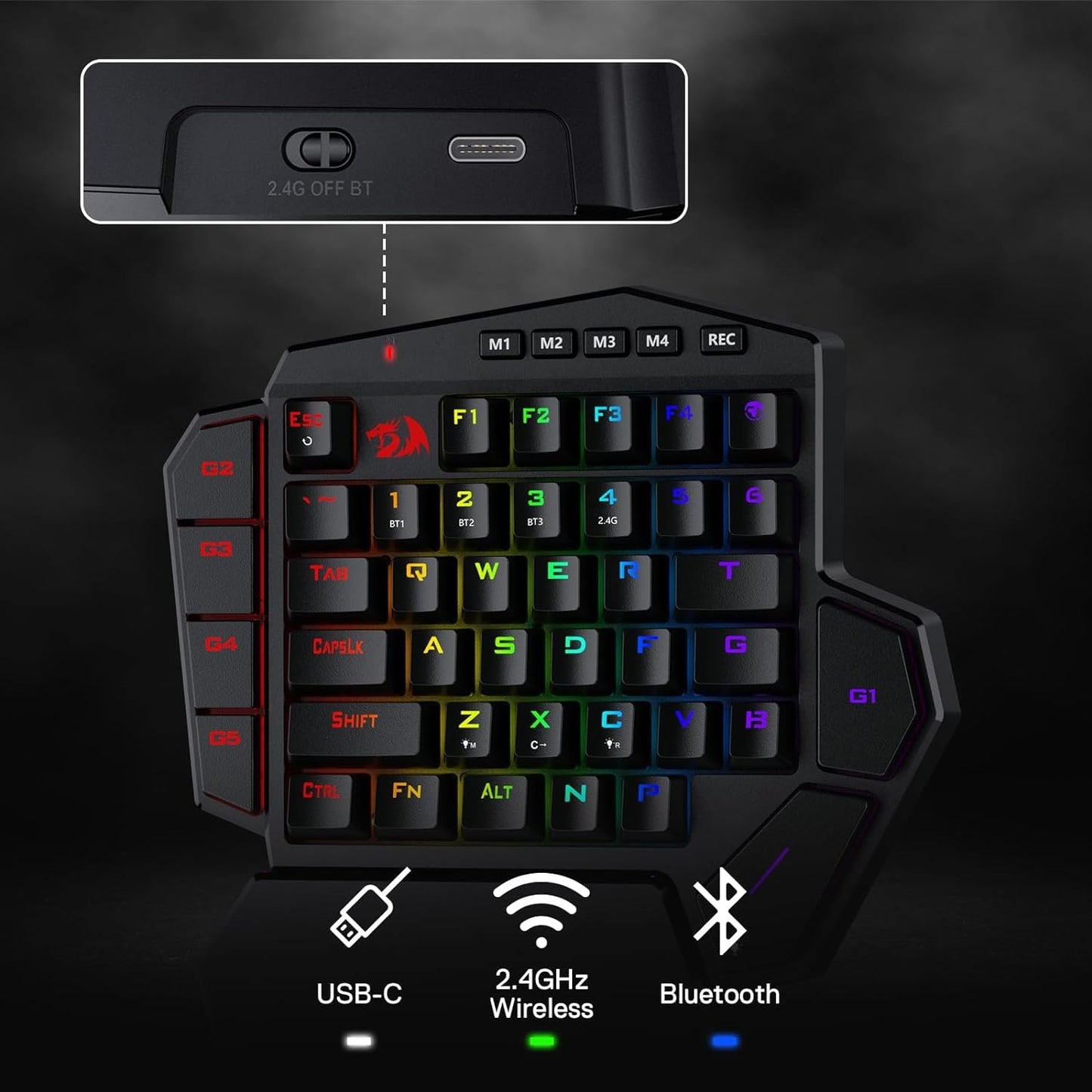 Redragon K585 PRO One Handed Wireless Gaming Keyboard, 42 Keys, 3 Mode RGB, 7 Macro Keys, Wrist Support