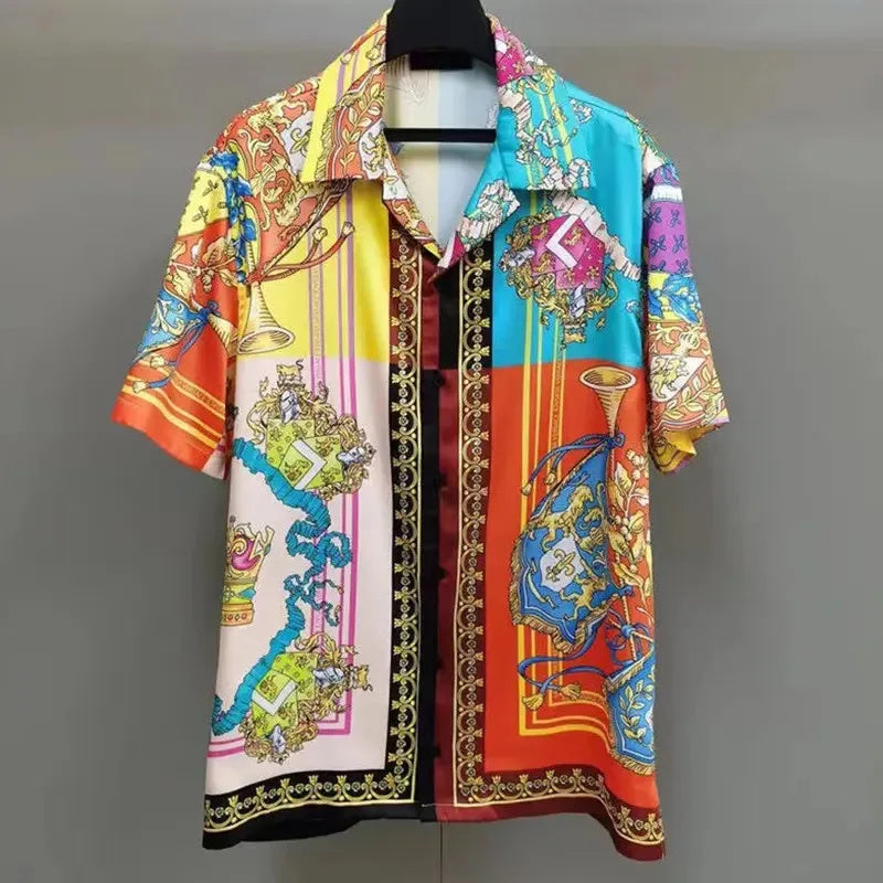 Men high-quality short sleeved shirt with luxurious golden Baroque string print, Cuban collar shirt, suitable for street