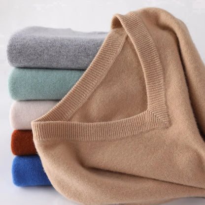 Mens Soft Cashmere Sweater, Autumn Winter Pullover Slim Fit V-Neck Knitted Woolen Knitwear for Business Casual Wear